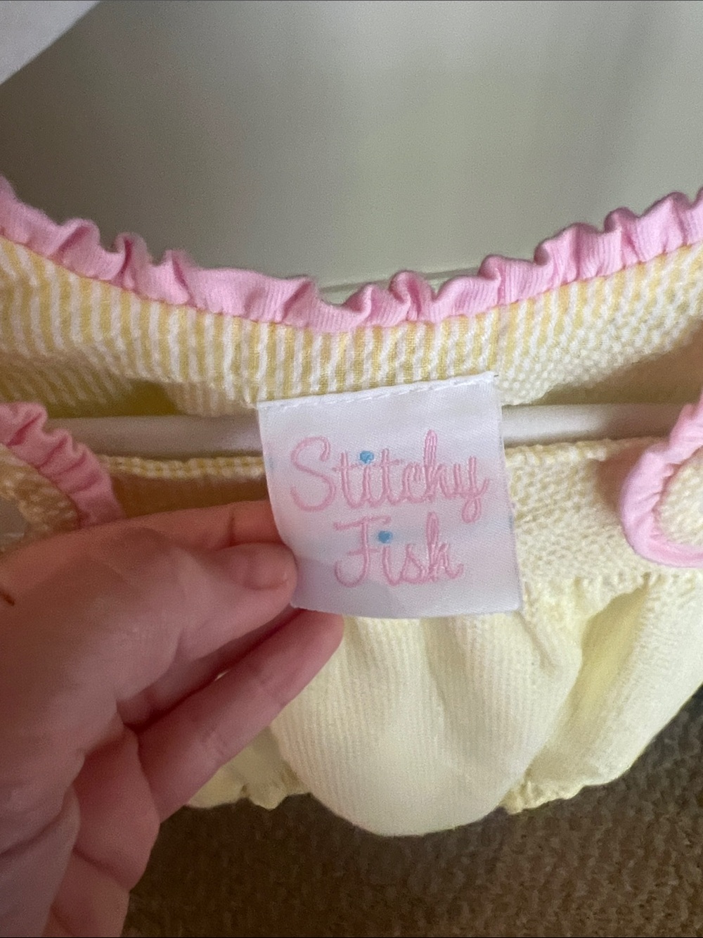 Stitchy Fish Yellow Seersucker Baby Bubble with Pink Trim - Picture 3 of 4